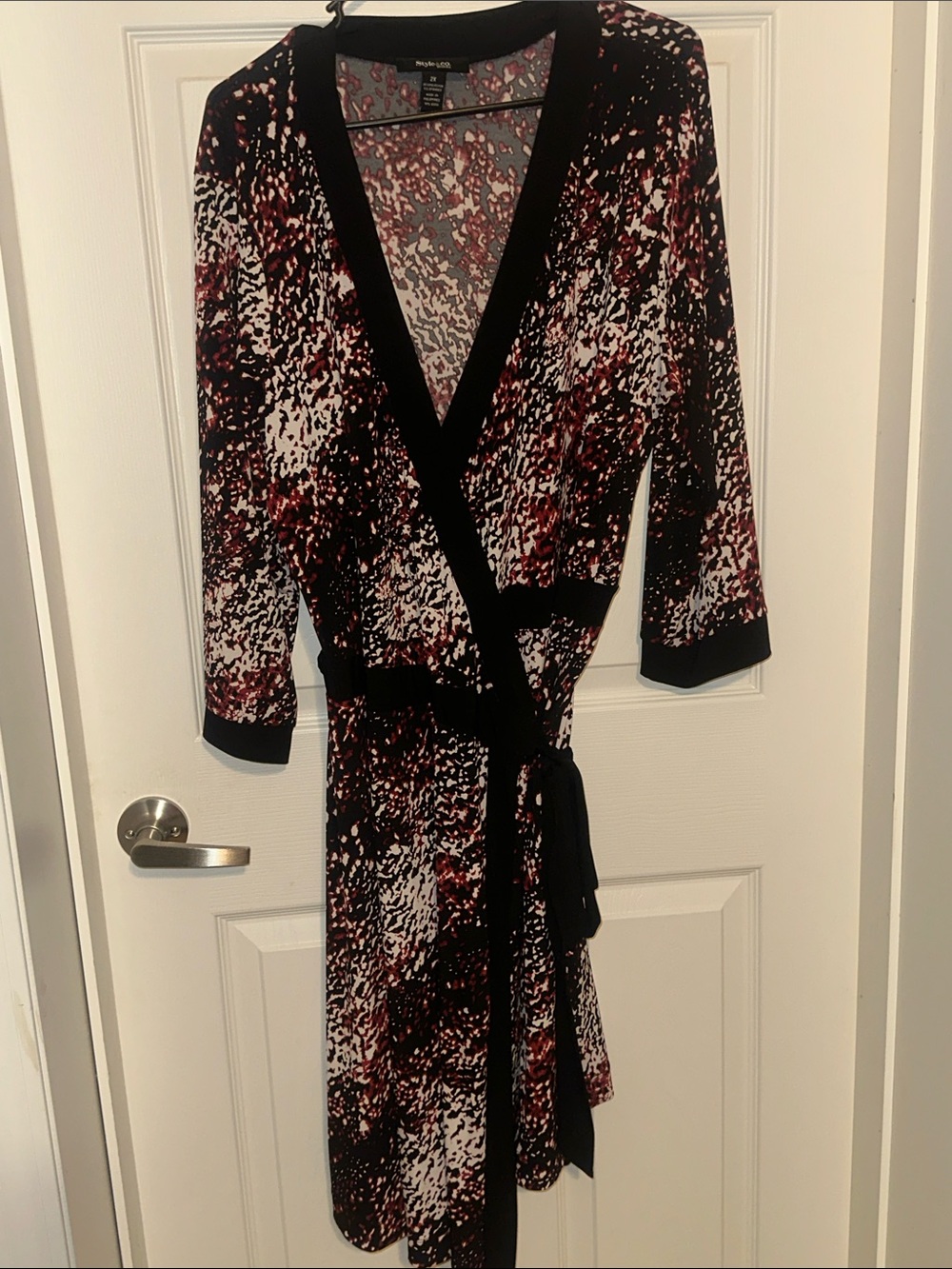Wrap Midi Dress in Black and Burgundy Print